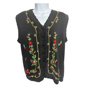 Vintage Black Knit Sleeveless Cardigan Vest Floral Embroidered‎ Holiday Party